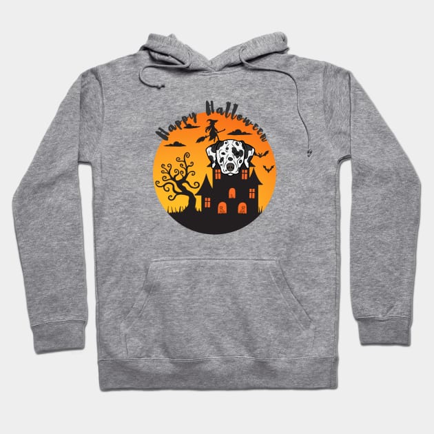 Dalmatian Dog Head with Haunted Mansion and Happy Halloween Sign Hoodie by Seasonal Dogs